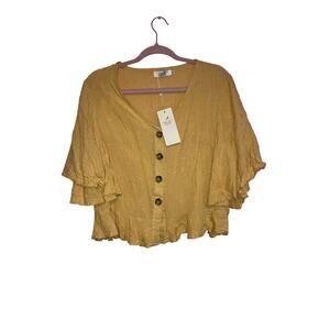 NWT Julia Mustard Yellow Swiss Dot Flutter Sleeve Peplum Blouse L/XL